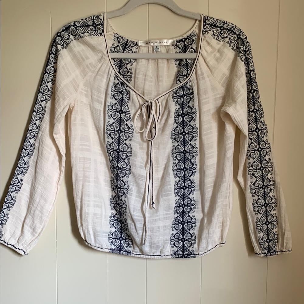 Max Studio Cream and Navy Patterned Blouse Is all Cotton Boho Vibes